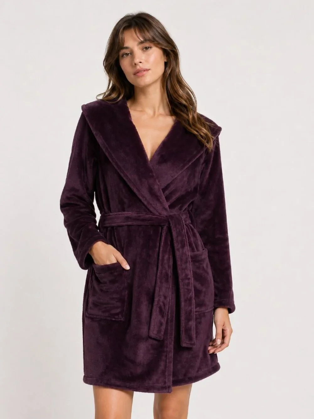 UGG Miranda Plush Belted Short Hooded Robe Port Purple XS